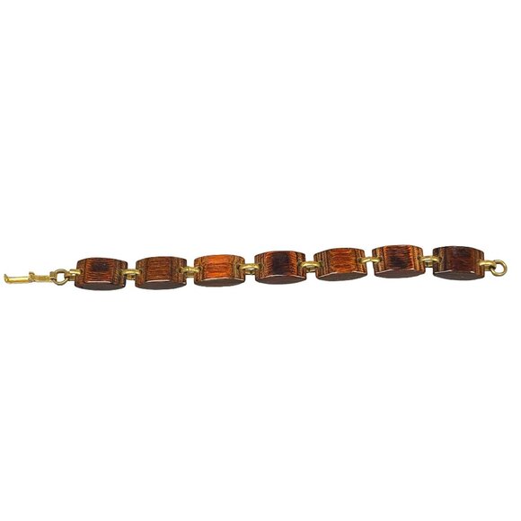 Vintage Rectangle Wood Bead Gold Tone Link Bracelet Mens or Womens Unisex - Picture 2 of 5